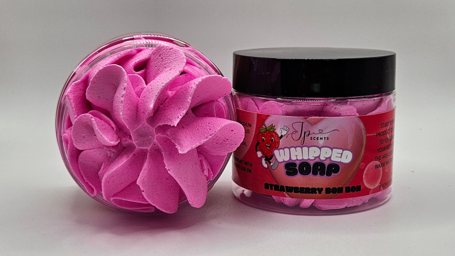 Luxuriously whipped soap with a sweet strawberry bon bon fragrance, infused with vanilla and dried fruits.