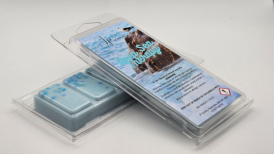 Deep Sea Therapy Wax Melt – a luxurious, marine-inspired blend with refreshing citrus, florals, and cedarwood, designed for relaxation and wellness. Part of the Wellness Collection, backed by a Certificate of Technology Compliance."