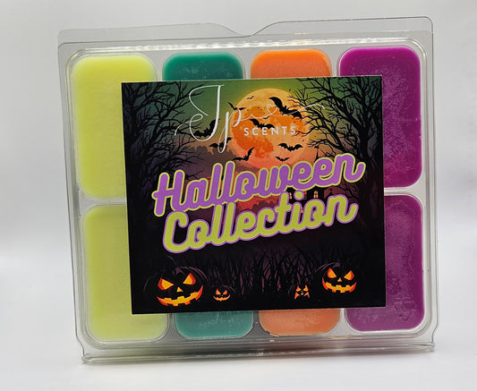 JP Scents Halloween Wax Melt Collection in HB clamshell packaging – vegan spooky scents in vibrant colours with moonlit Halloween-themed label