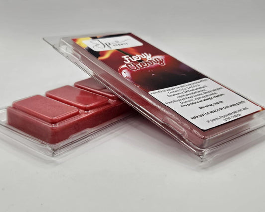 Fiery Cherry Wax Melt by JP Scents – handcrafted vegan wax melt with rich woody cherry fragrance, featuring notes of raspberry, rose, jasmine, and smoky palo santo.