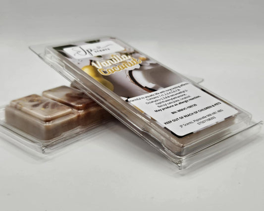 Vanilla Coconut Wax Melt by JP Scents – handcrafted vegan wax melt with creamy vanilla bourbon, coconut milk, and white floral notes of jasmine and tuberose.