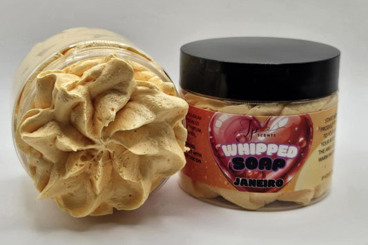 Janeiro whipped soap from the Sol fragrance range—vibrant yellow whipped texture in a sleek jar
