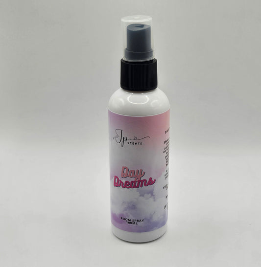 Day Dreams Room Spray bottle placed on a soft, elegant backdrop, showcasing the product with its delicate jasmine and vanilla fragrance inspiration.